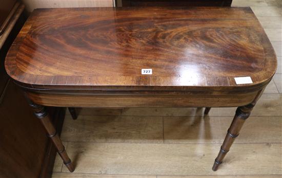 A Regency mahogany card table, 92cm wide